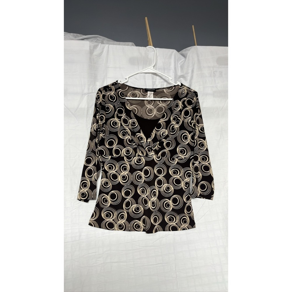 Womens Black Beige Swirl Print Faux Wrap V-Neck 3/4 Sleeve Blouse Sz M